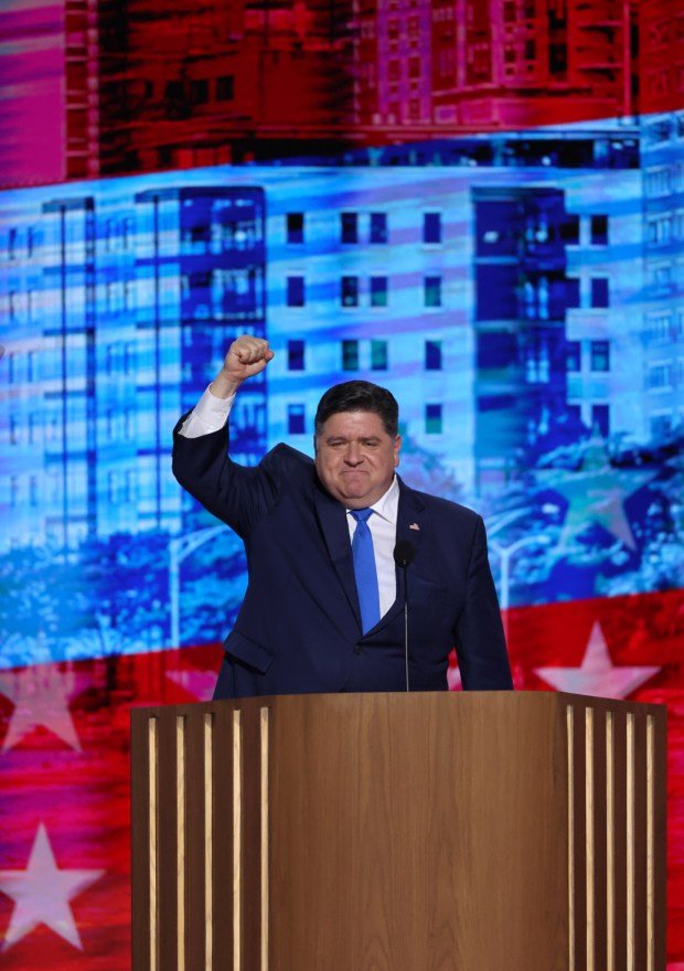 Gov. JB Pritzker speaks at the Democratic National Convention at the United Center in Chicago on Aug. 20, 2024. (Chris Sweda/Chicago Tribune)